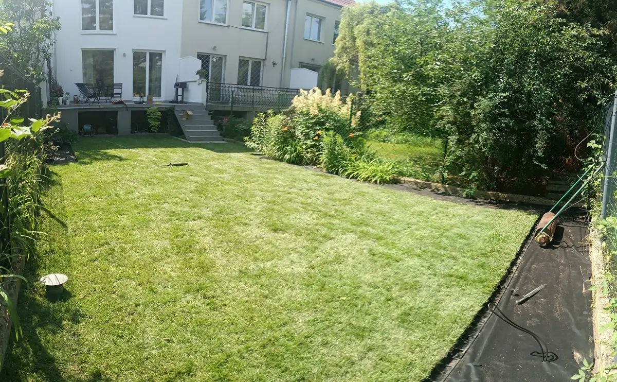 Teren zielony przed firmą po instalacji systemu nawadniania